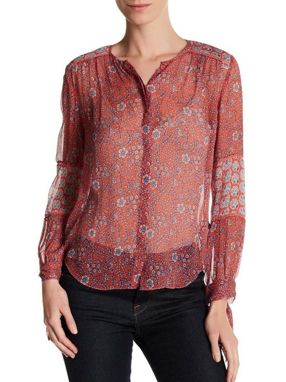 Rebecca Taylor Silk Boho Floral Blouse Tie Sleeve Romantic Top 4 - Picture 2 of 9